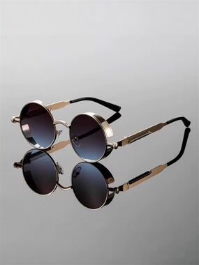 Round Punk Sunglasses Men Vintage Steampunk Gradient Lens Gold Frame